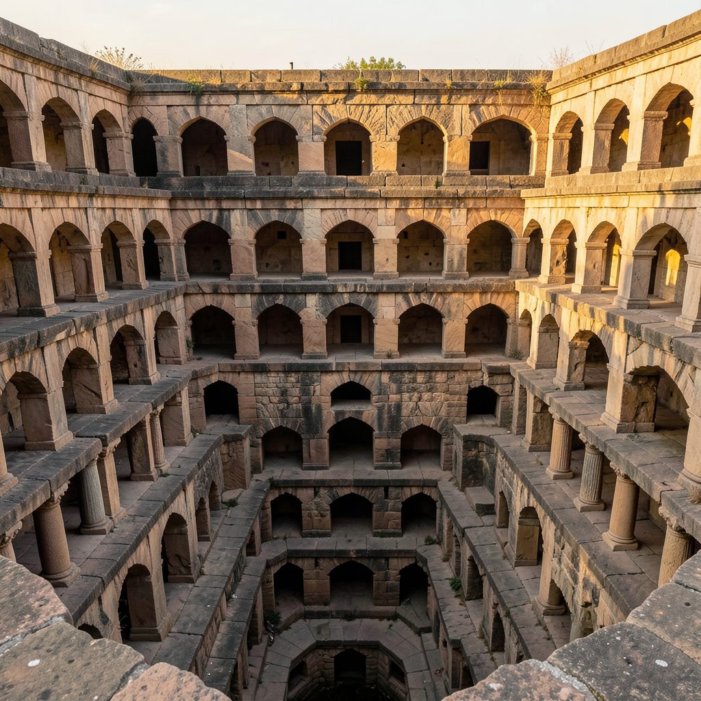 Panoramic view of an ancient stepwell with rows of arched niches and stone columns descending in symmetrical tiers, bathed in warm sandstone tones