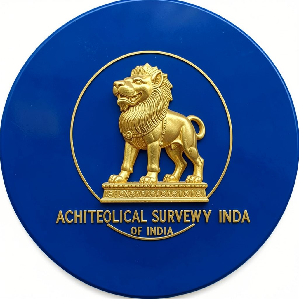 Emblem of the Archaeological Survey of India, featuring the Ashoka lion capital in gold on a deep blue circular field